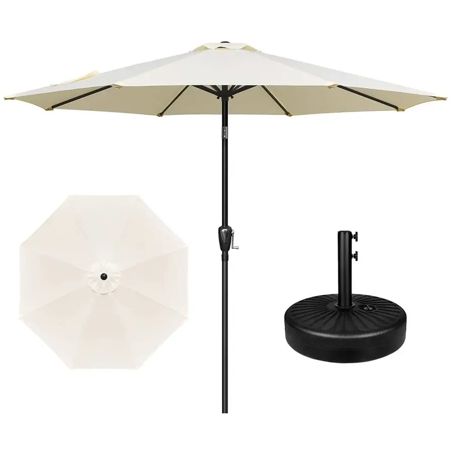 Sombrilla de patio de 9 pies con base redonda rellenable de alta resistencia con capacidad para 50 libras, 8 varillas robustas, para jardín, terraza, piscina, color crema