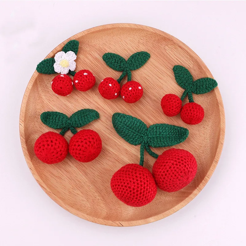 

5Pcs Cotton Hand-knitted Woolen Green Leaf Red Cherries DIY Earrings Pendant Headwear Hat Key Ring Children's Clothing Patch