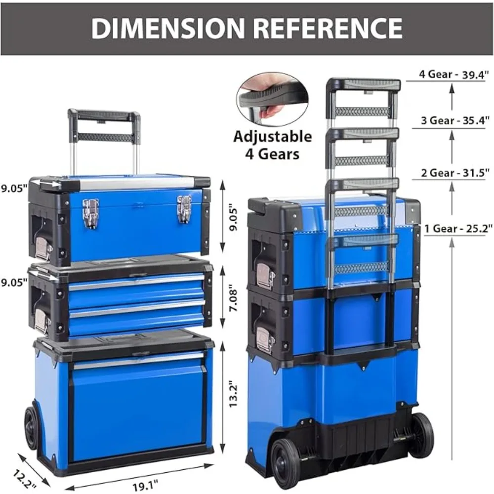 صندوق أدوات دوار أزرق قابل للتكديس منظم صندوق أدوات معدني محمول، صندوق أدوات عربة مستقيم منفصل مع عجلات - جديد #2