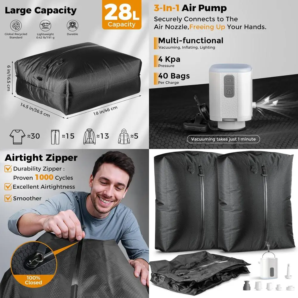 

Водонепроницаемые, устойчивые к разрывам и запахам влаге дорожные вакуумные пакеты с насосом для сжатия багажа и хранения одежды (2 шт. + насос)