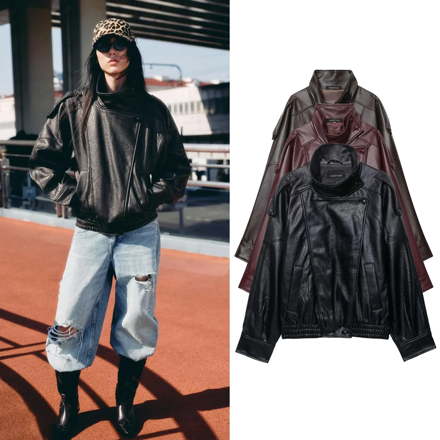 Giacca da donna in pelle con colletto alla coreana allentato Tasche con cerniera a maniche lunghe femminili Cappotti chic Primavera Autunno Nuove giacche da donna Streetwear