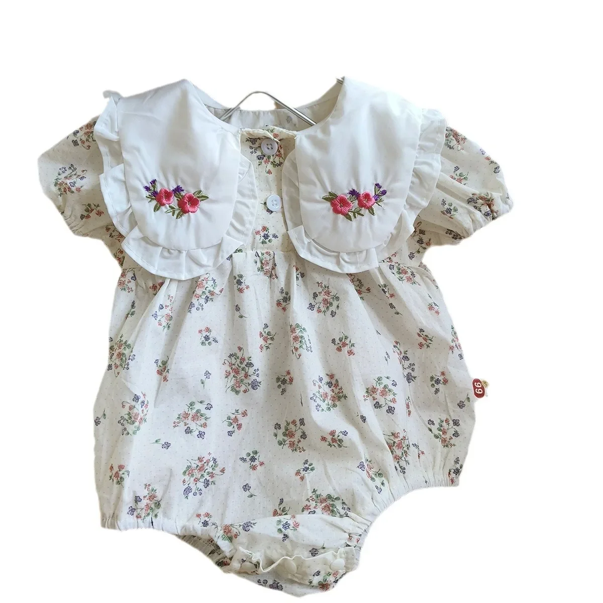 2024 Stylish Baby Summer Romper: Floral Print, Triangle Bib, Embroidered Large Collar, Short-Sleeved Bodysuit for Baby Girls