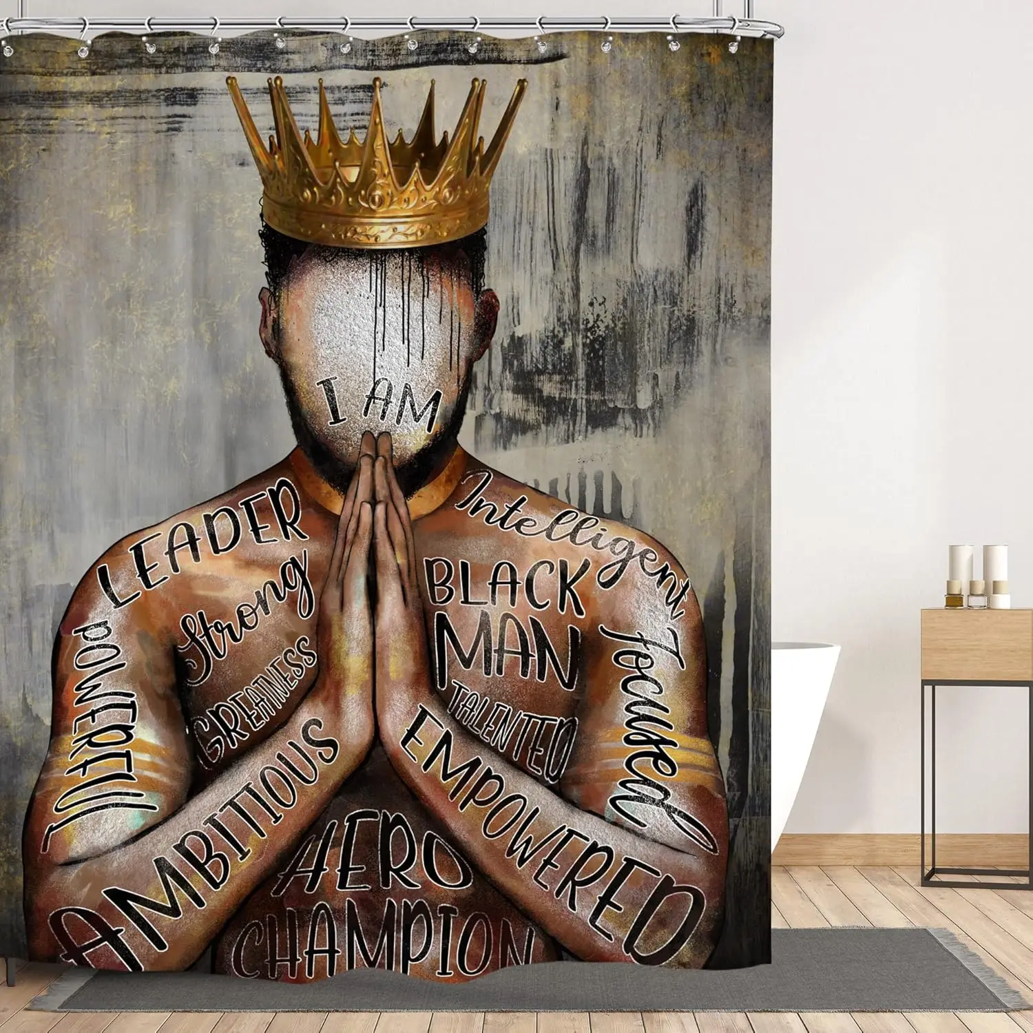 Black Men's Shower Curtain  African American King Portrait with Inspirational Quotes, Waterproof Fabric Bathroom Set with