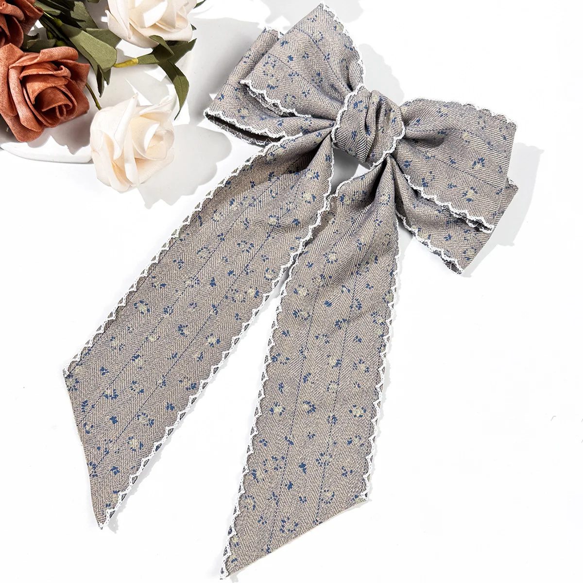 20PC Black Color Large Floral Print Frill Bow Hair Clips with Long Tassel for Women And Girls Wedding Side Hairgrips Bulk Pack