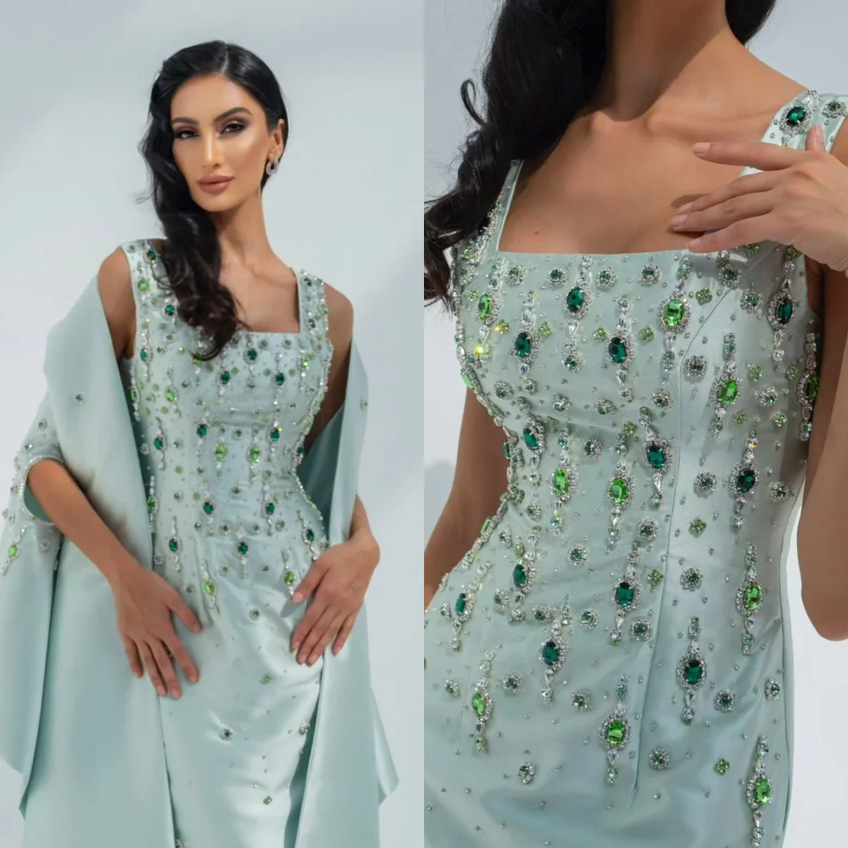 customized Green Crystal Beading Prom Dresses Saudi Arabia Jacket Back Split Luxury Evening Dress Formal Wedding Party Gowns