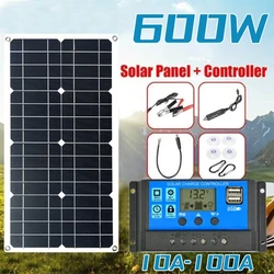 Painel solar de 600W Kit Solar 12V, portátil flexível com controlador 100A, adequado para casa, acampamento ao ar livre, carregador solar móvel RV