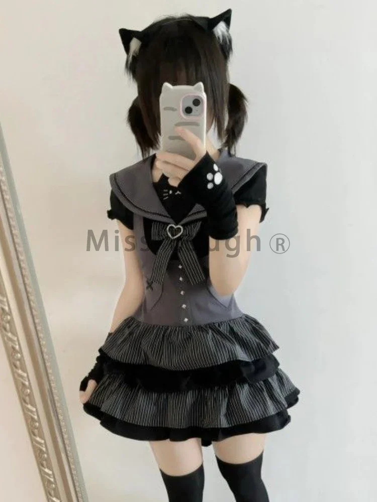 Japanese Lolita Bow V Neck 2 Piece Set Women Kawaii Y2k Short Sleeve Slim Tops Female + High Waist Thin Striped Braces Skirt New