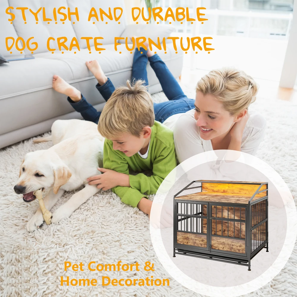 Multi-function Furniture Style Dog Crates with Storage, Dog Crate Furniture Large Wooden Dog Kennel with Double Doors