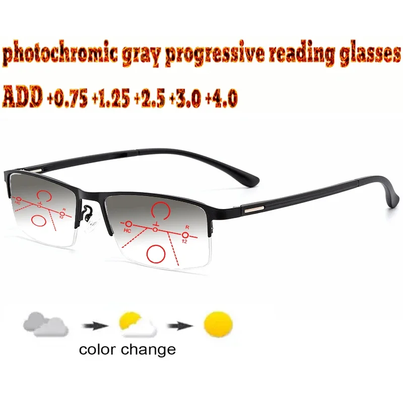 

Photochromic Gray Progressive Multifocal Reading Glasses Business Men Halfrim Frame Tr90 +1.0 +1.5 +1.75 +2.0 +2.5 +3 +3.5 +4