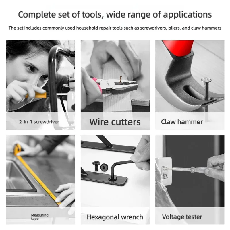 Household tool box set, including hexagonal wrenches, pliers, screwdrivers, and other tools for repairs