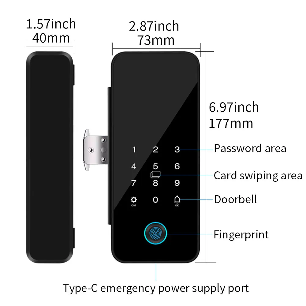 Tuya APP Glass Door Fingerprint Lock Bluetooth Smart Biometric Electronic Office Glass Door Lock 13.56Mhz RFID IC Keyless Unlock