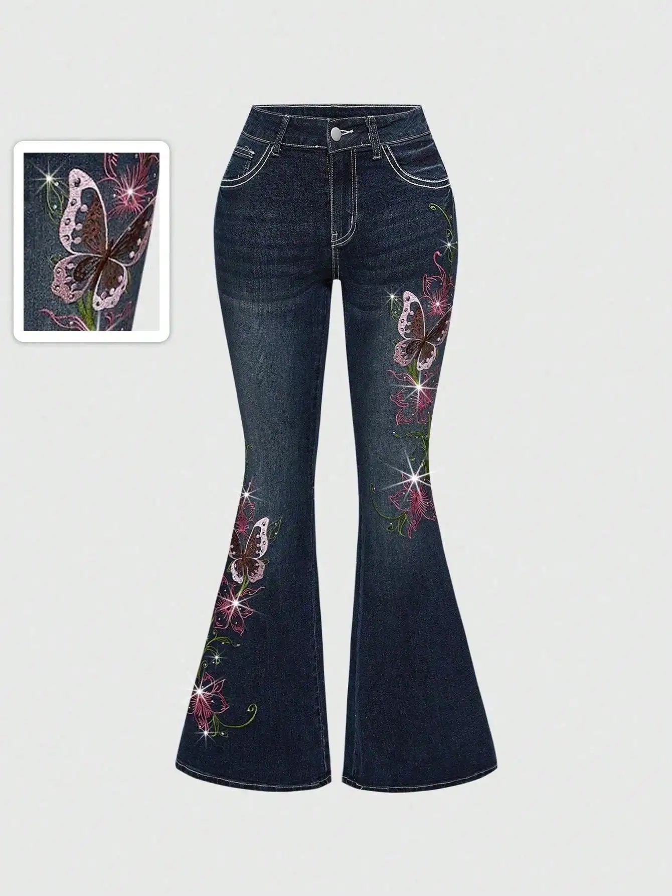 

Женские джинсы-клеш Y2K с вышивкой бабочек и стразами, джинсы с низкой посадкой и цветочным узором