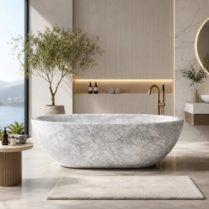 Wholesale Natural White Marble Stone Custom High Quality Freestanding Modern Indoor Soaking Bathtub For Hotel Home Bathroom