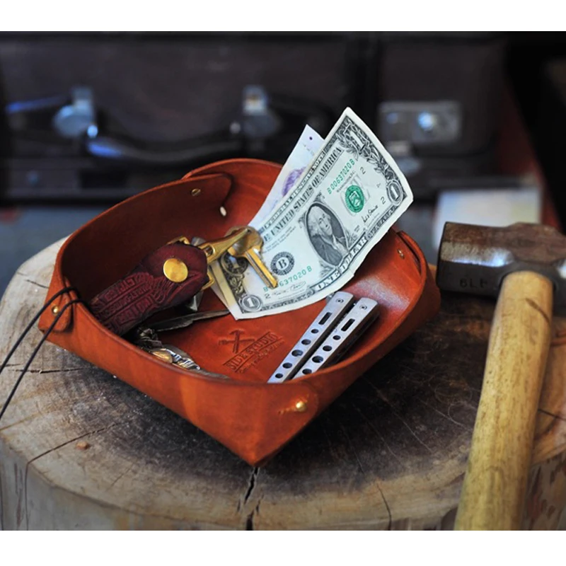 

Handmade Ltalian Buffalo Leather Jewelry Valet Storage Tray for Women and Men,Portable Entryway Table and Bedside Nightstand