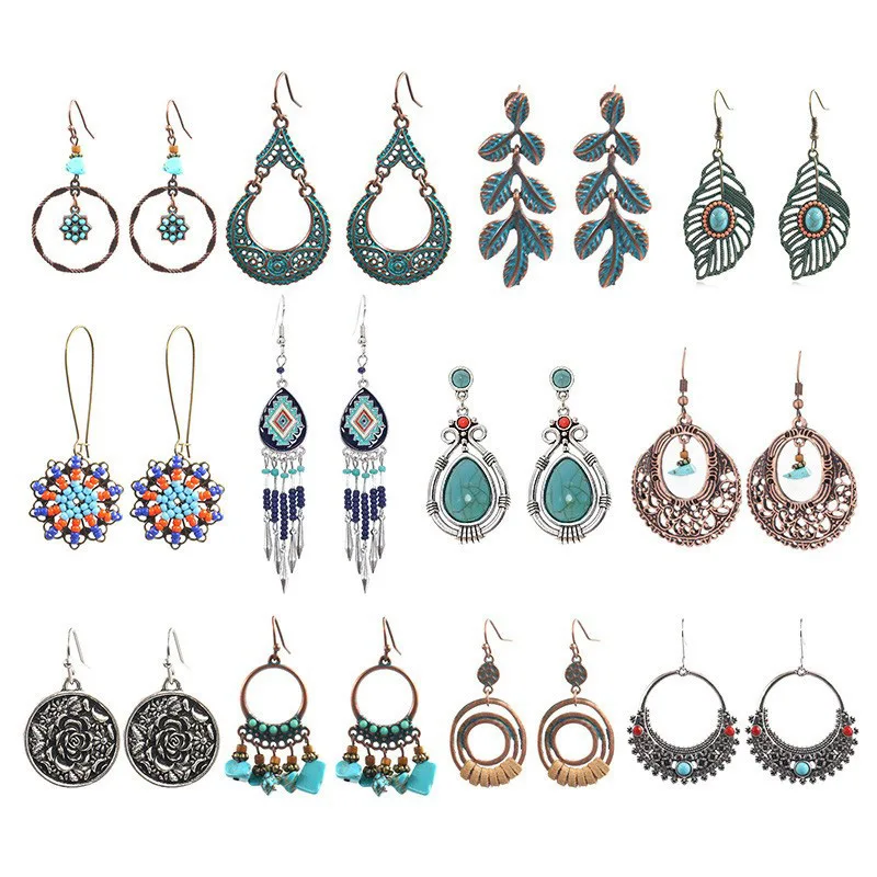 Cross-border hot sale Bohemian retro earrings leaf water drop-shaped handmade rice bead woven fringed turquoise earrings