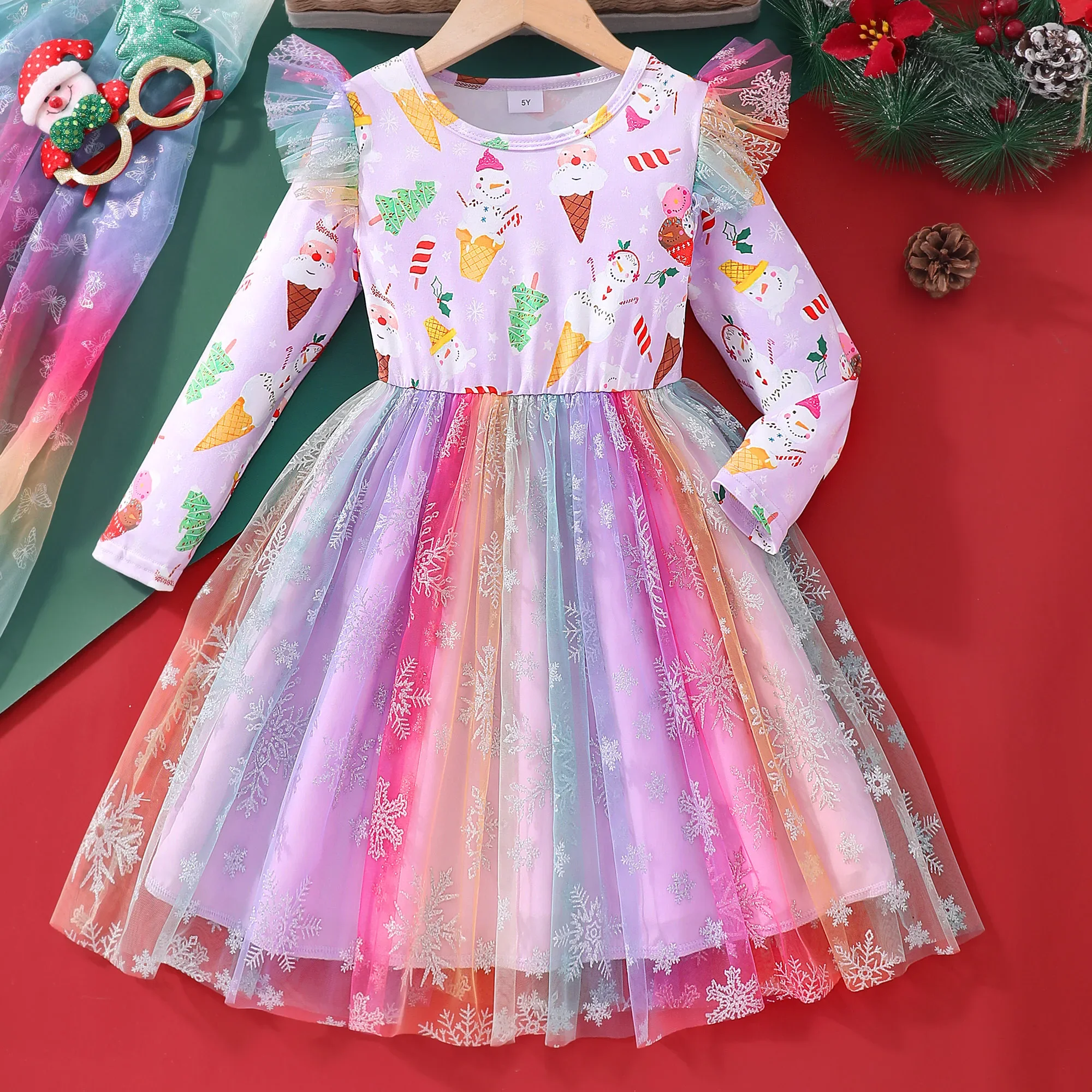 Mesh dress Kids Girl Outfit Long Sleeve Winter Baby Girls Christmas Clothes Snowman Santa Claus Children Dresses 2 3 4 5 6 7 Yrs