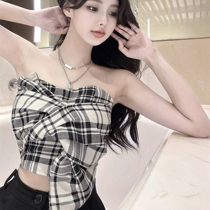 Camis Women Strapless Plaid Backless Sweet Spicy Girl Tight Fit Outer Streetwear Aymmetrical Vintage Chic Summer Crop Tops Y2k
