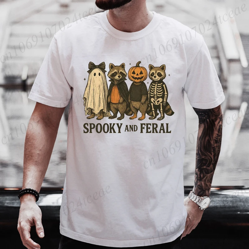 Spooky and Feral Raccoon Shirt Clothes Round Sleeve Summer Sportswear Funny Halloween Raccoon Creative Women Men T-Shirts Tops