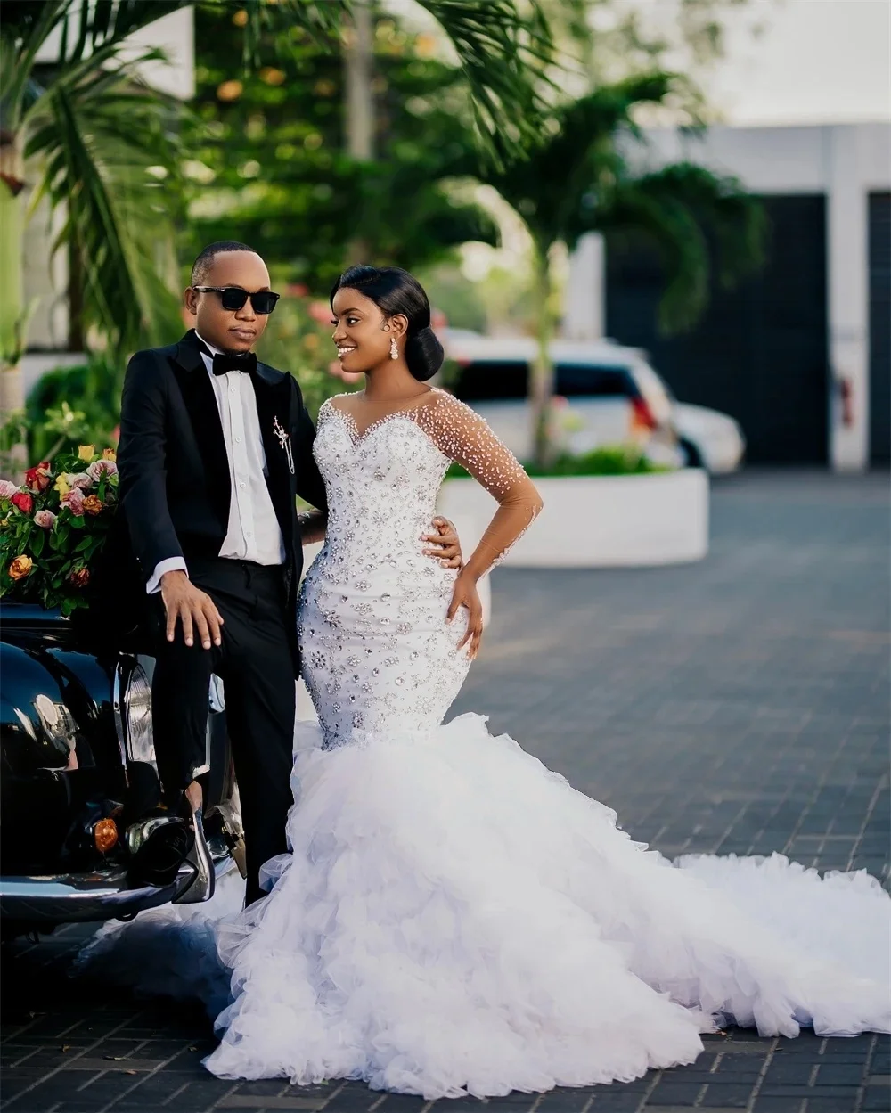 Luxury African Wedding Dresses Black Girls Long Sleeves Ruffles Beaded Aso Ebi Women Bridal Gowns Vestido De Novia Customized