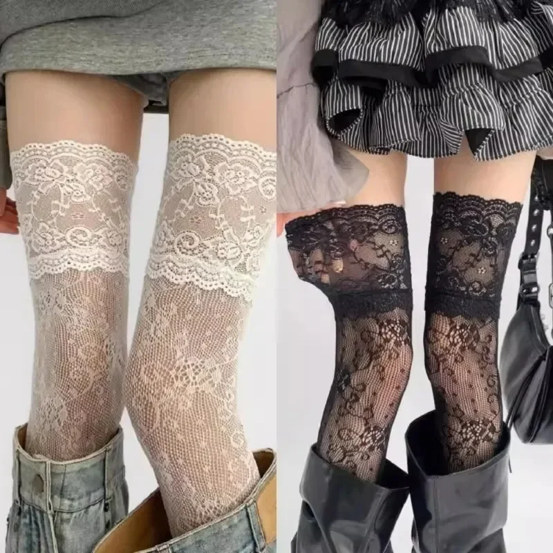 الدانتيل زهرة شبكة صيد السمك الفخذ العليا جوارب للنساء النمط الياباني JK فتاة الحلو الجوف خارج الدانتيل تقليم مكشكش فوق جوارب طويلة إلى الركب