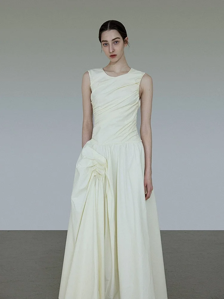 E Vestido Blanco sin Mangas con Corte en A, Diseño Sensacional 2024, Falda Larga de Cintura Alta, Fibra de Poliéster, ...