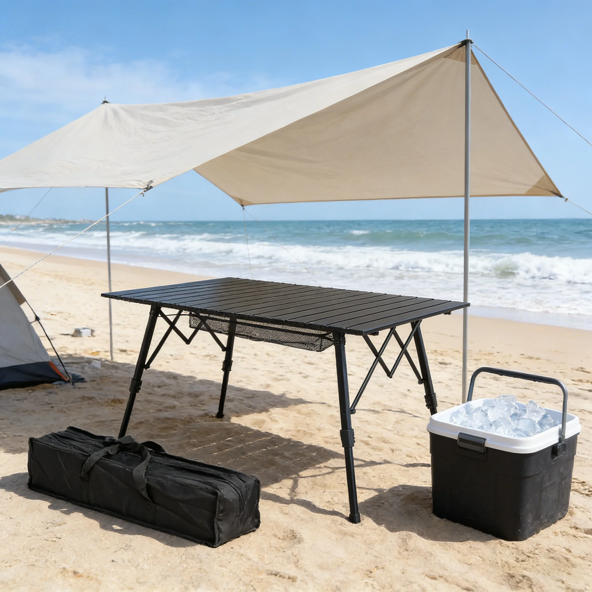 

Adjustable Ultra-Light Aluminum Alloy Portable Egg Roll Folding Table for Leisure Fishing Beach Picnic & Outdoor Camping Storage
