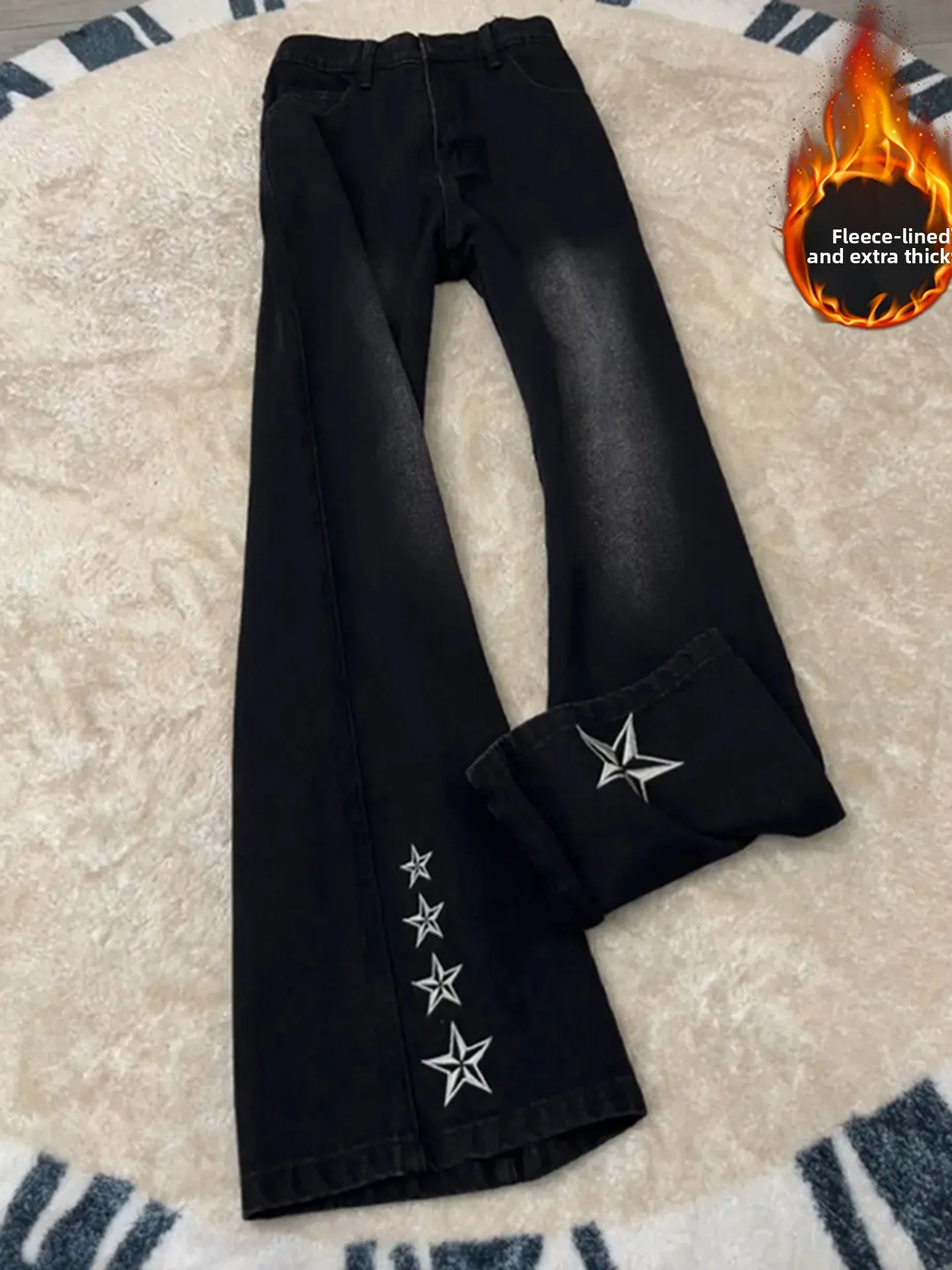 

Черные джинсы с вышивкой и флисовой подкладкой, мужские зимние джинсы с высокой талией в американском стиле, прямые, свободного кроя