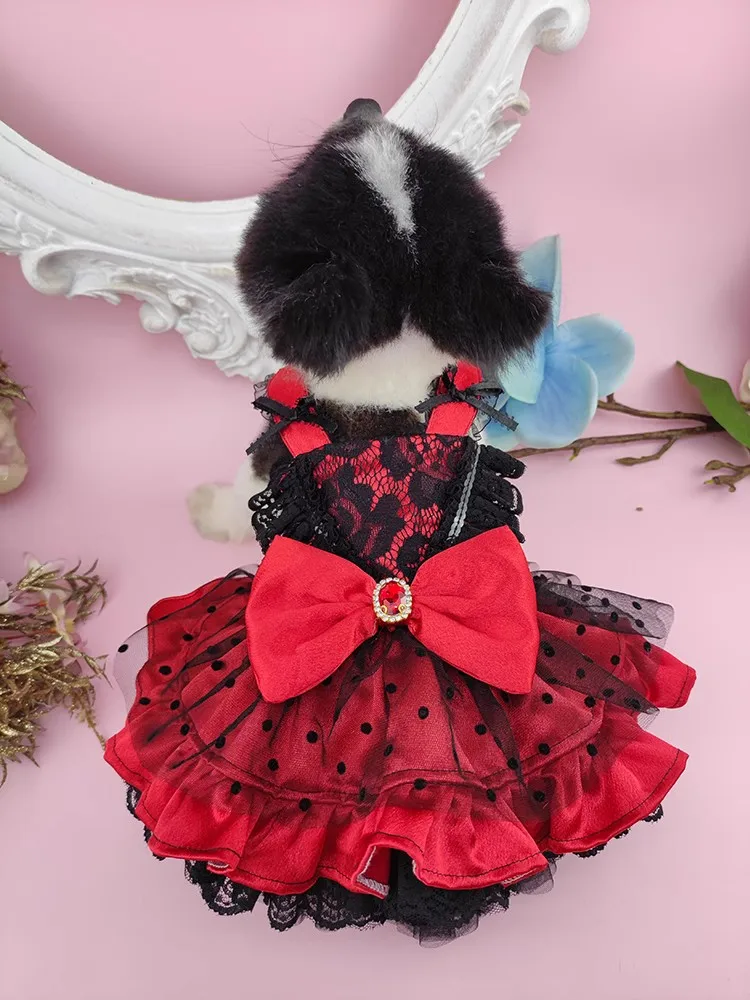 Handmade Dog Clothes Pet Supplies Unique Design Princess Dress Classic Black Red Satin Dot Grenadine Shine Gem Accessories Party