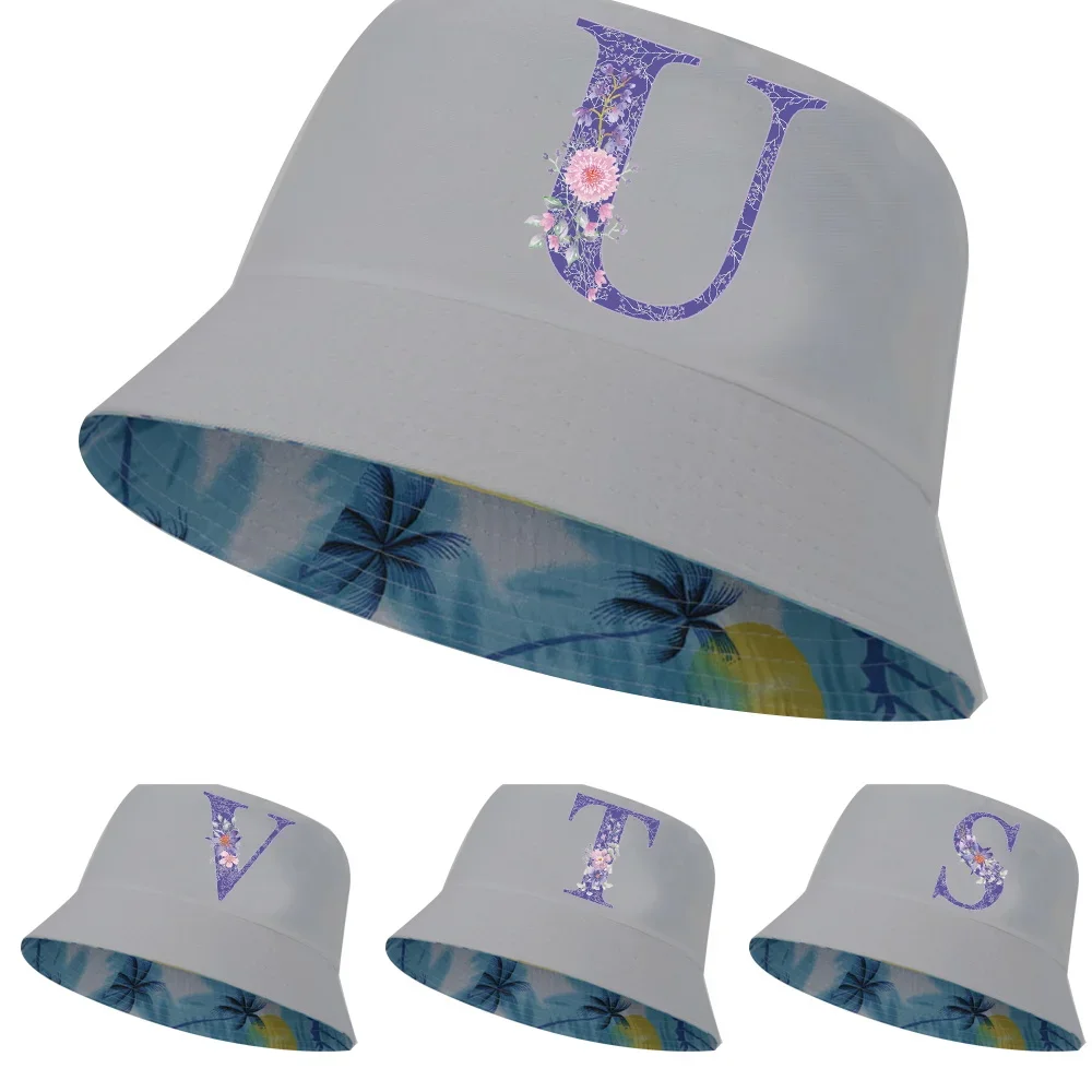 Unisex Bucket Hat Man Women Cotton Reversible Fisherman Cap Girl Boy Outdoor Beach Double-sided Caps Purple Flower Initial Name