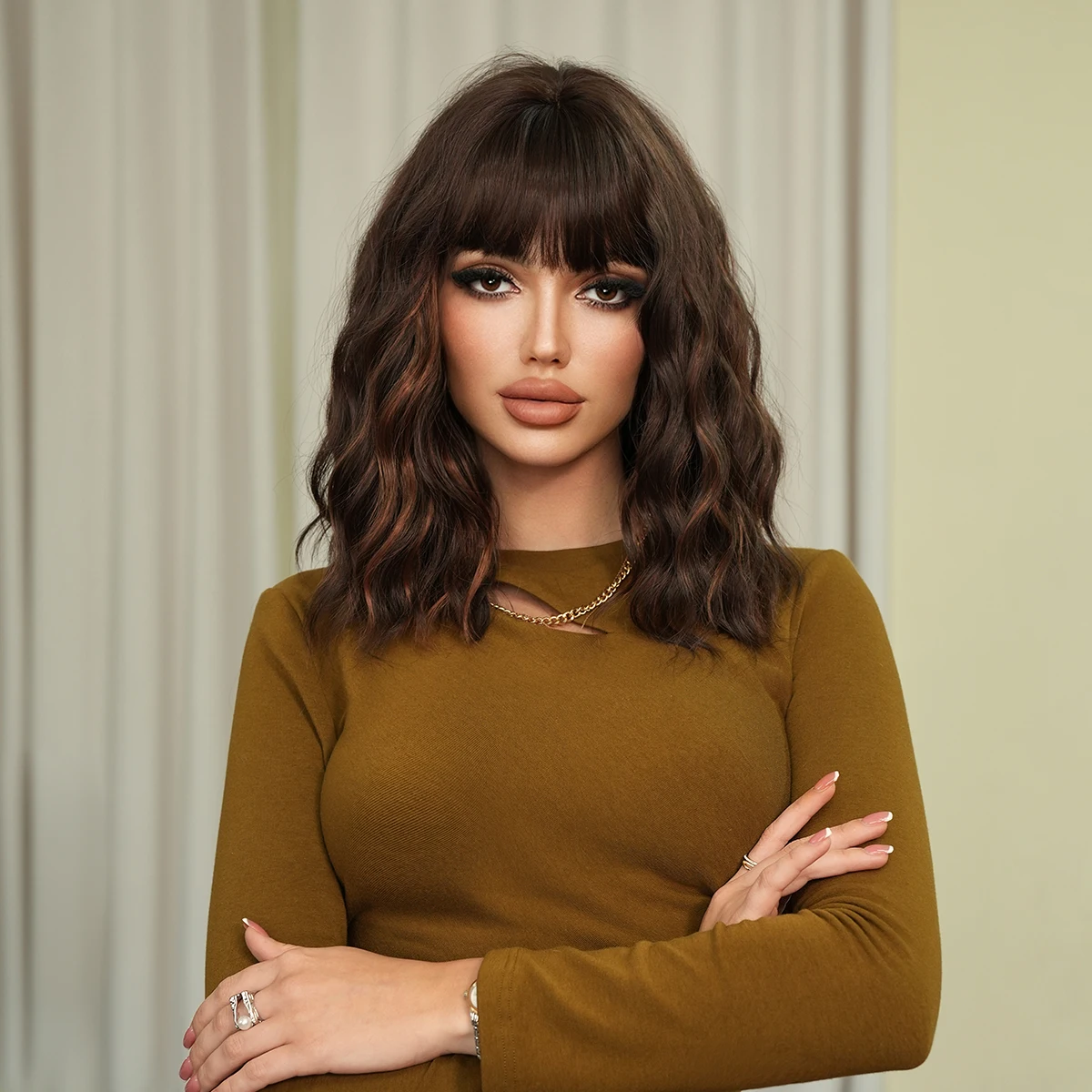 Shoulder Length Water Wavy Dark Brown Wig for Women Daily Use High Density Synthetic Layered Heat-Resistant Wigs with Neat Bangs
