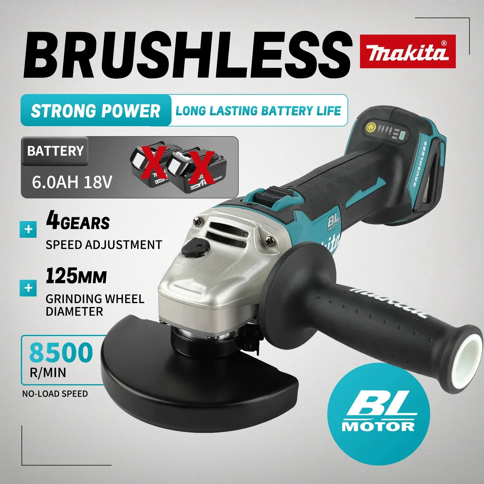 

Аккумуляторная угловая шлифмашина Makita 18В 125мм DGA404 бесщеточная, литиевая, высокомощная, для резки и полировки