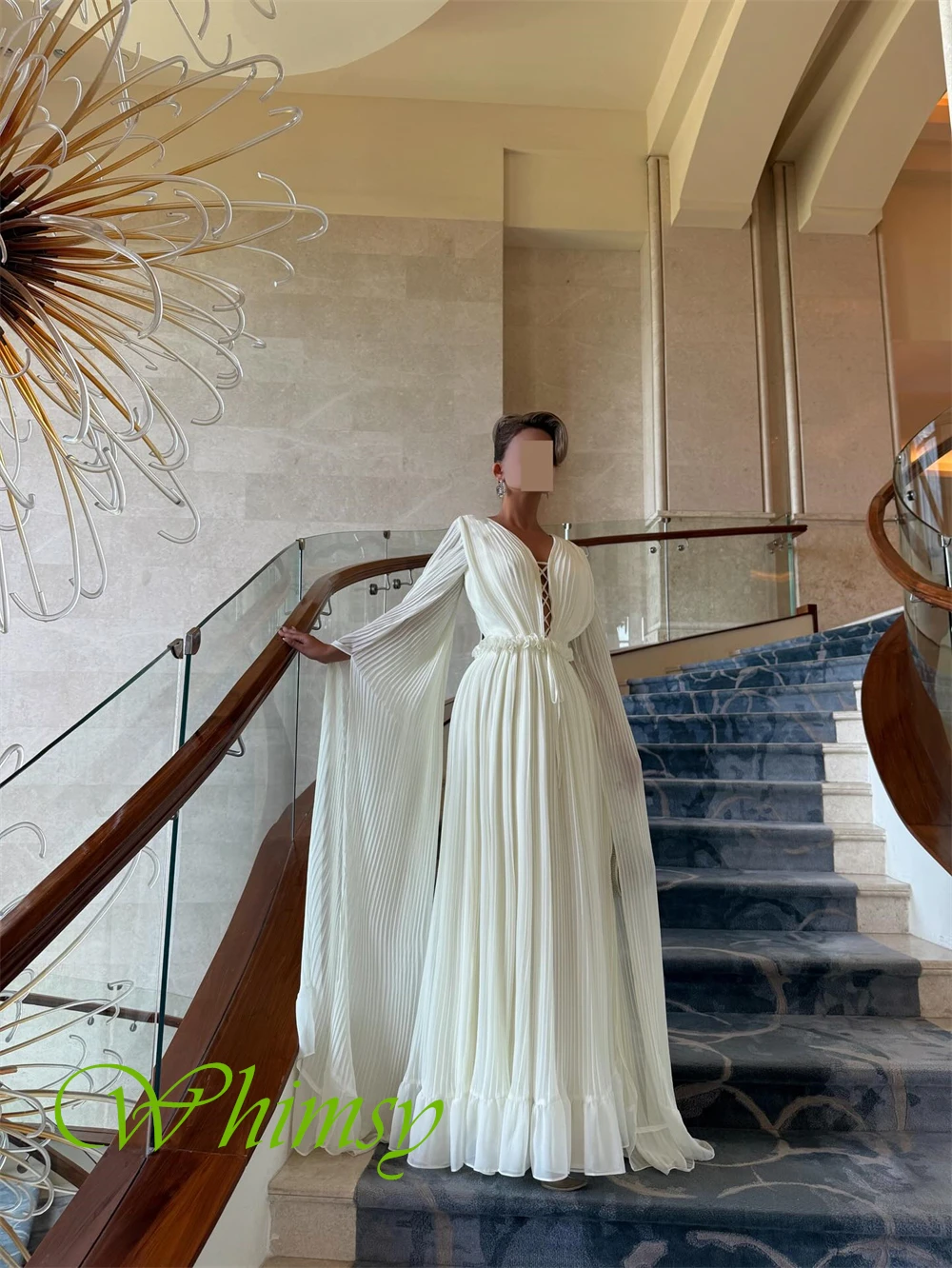 Moda personalizada chiffon com decote em v vestido de noite clássico mangas compridas vestidos de baile delicado a linha vestidos de ocasião sob medida