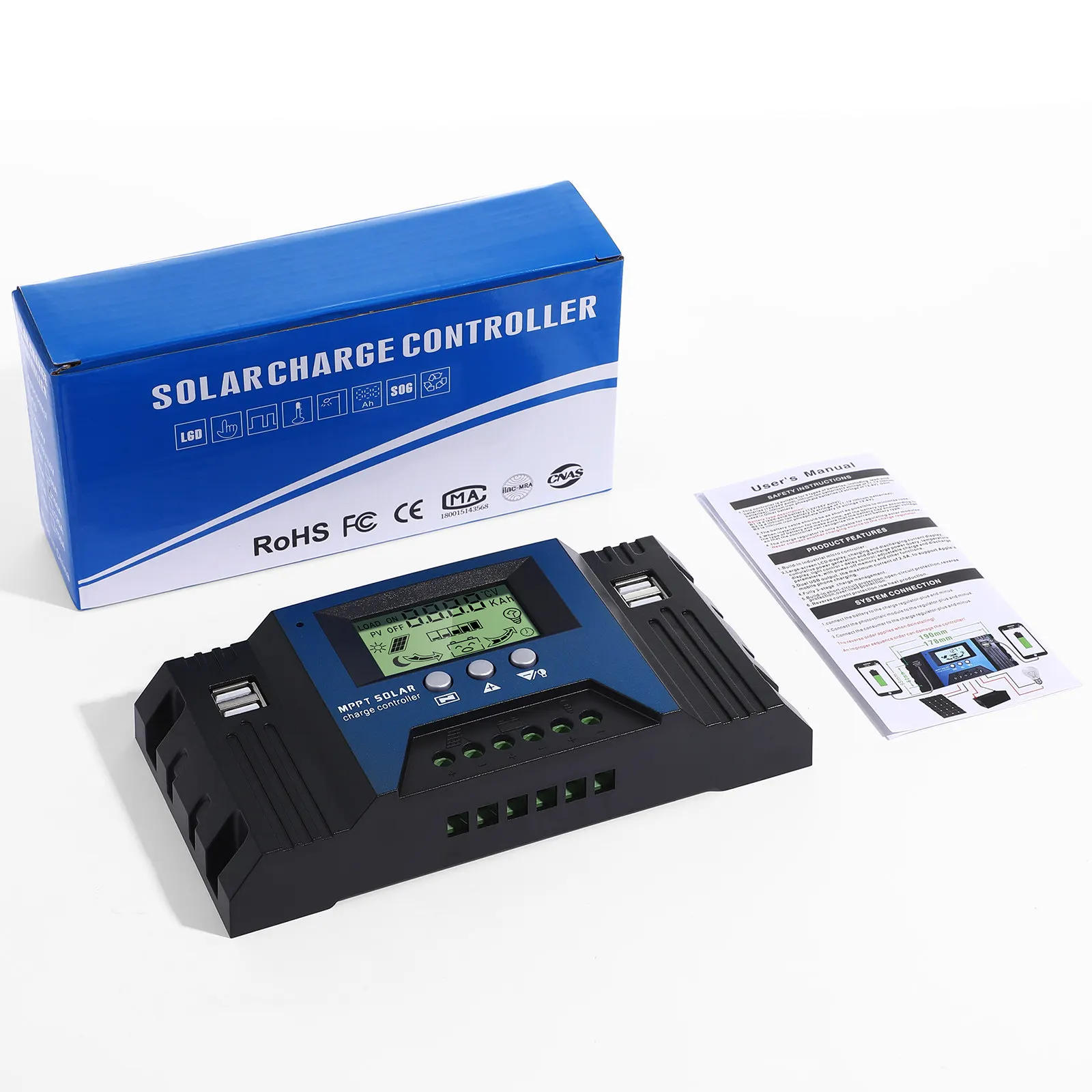 Mppt Solar Charge Controller 100A 12V 24V LCD Screen Industrial Chip Auto Focus Charging Overheat Overcurrent Short Circuit