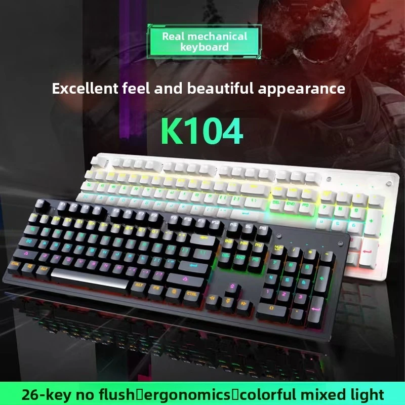 104 Key Wired Mechanical Keyboard, Double Shot Keycaps, 9 RGB Modes, Huaxia Blue/Red Switch, EVA Anti-Slip Pad for PC Gaming
