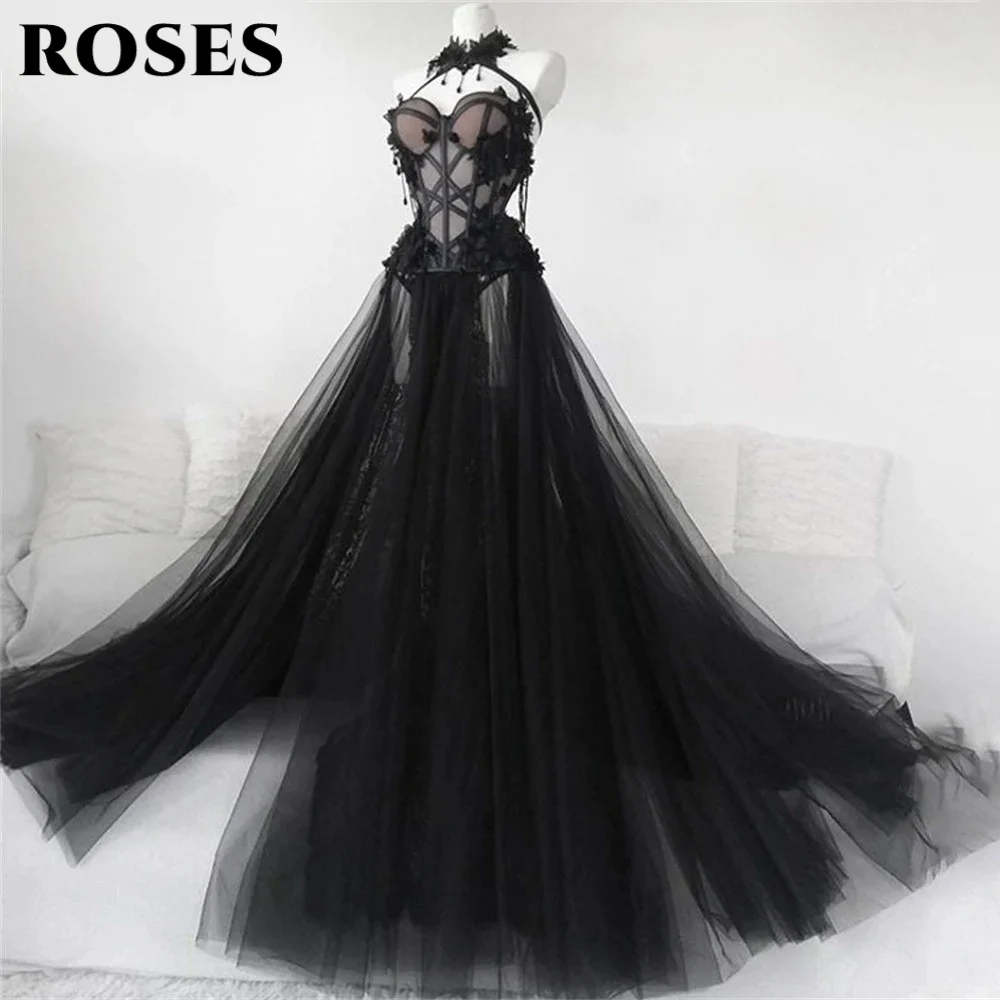 

ROSES Black Lace Coreset Prom Dresses Fairy Tulle Bridal Gown Dress Forest Witchy Bridal Dress Gothic Wedding Gown Customized