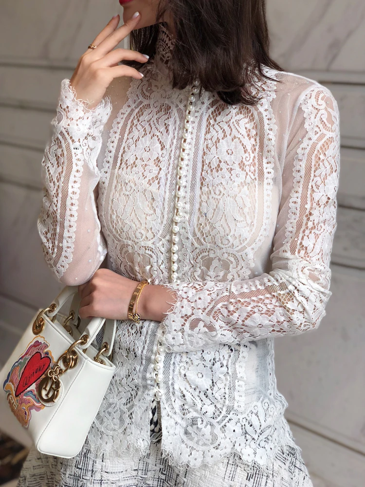 Women Blouse New Lace Long Sleeve Sheer Tassels Blouse Vintage Royal Style Shirt Woman Spring Summner Tops Party Wear NS787