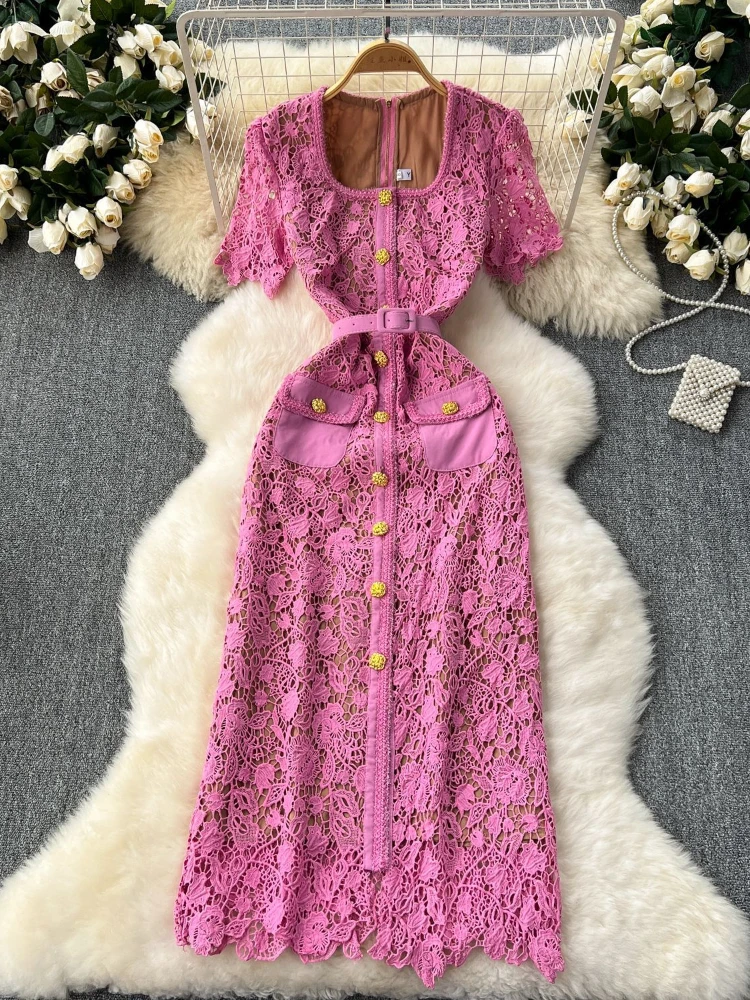 

Women Elegant Vintage Sexy High Waist Bodycon Dress Summer Square Neck Short Sleeve Metal Button Slim Lace Long Robe Vestidos