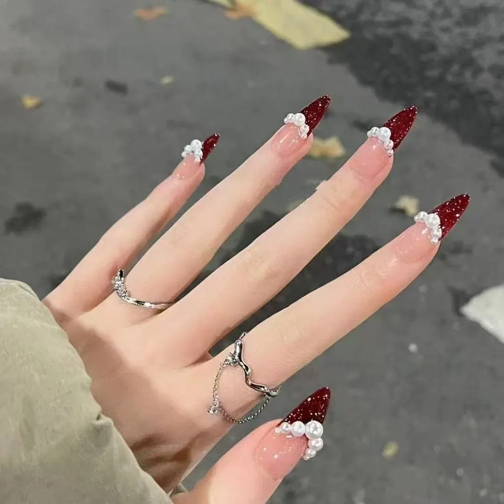 

10pcs Red Pearls French Handmade Wear Nails Christmas Ancora Red Long Tip Fake Nails Simple Red New Year Nail Art