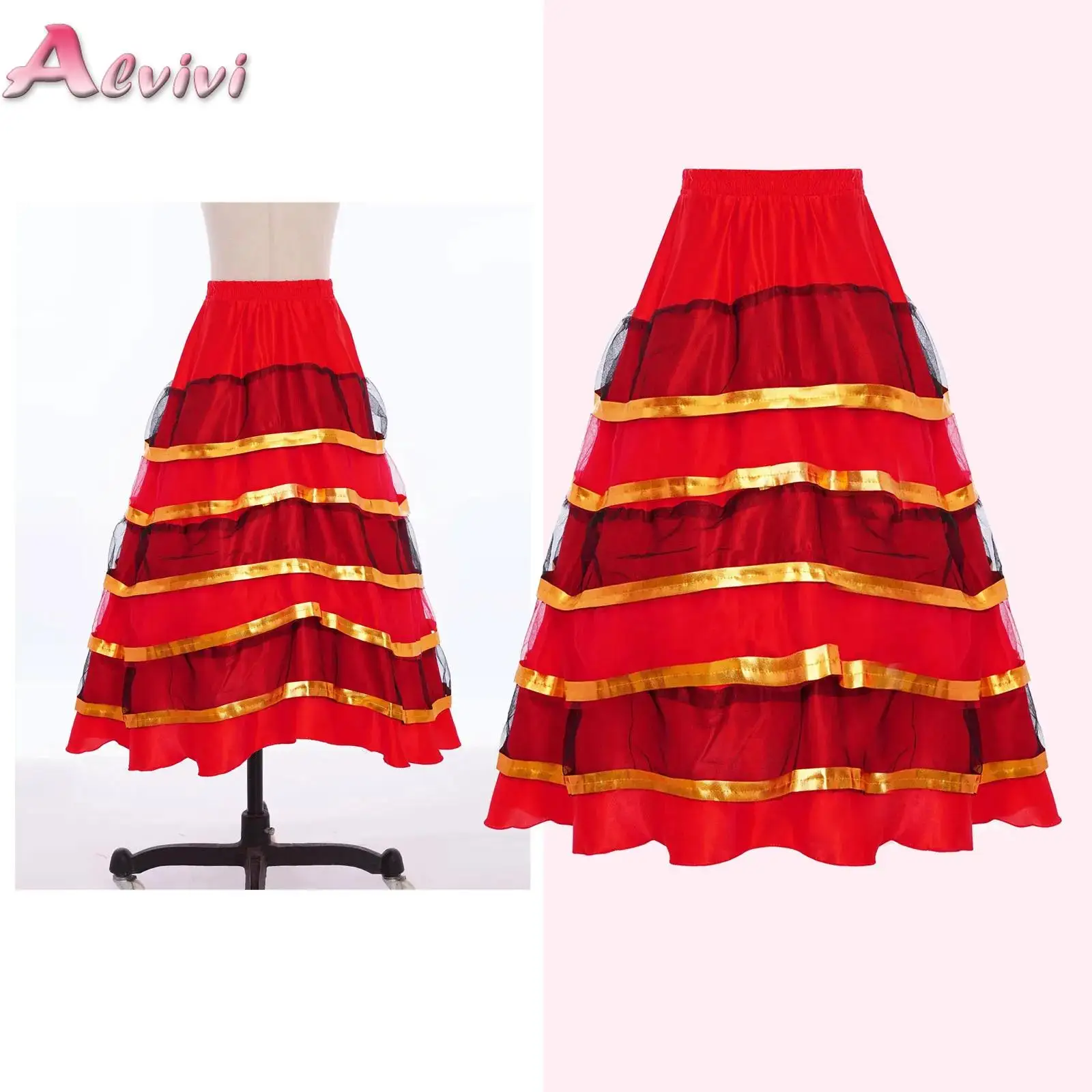 

Kids Girls Spanish Flamenco Skirts Ballroom Dance Performance Costume Gold Trim Tiered Ruffles 180 Degrees Wide Hemline Skirt