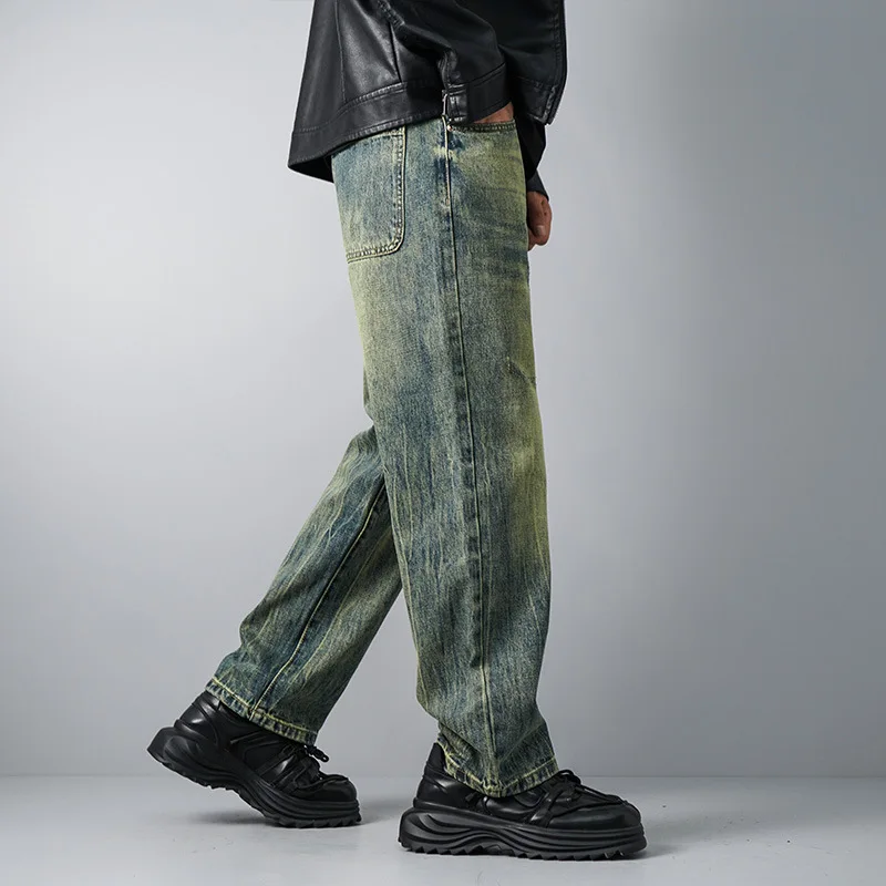 

Four Seasons Men's New Fashion American Vintage Jeans Pants Loose Straight Wide Leg Simple Casual Trendy Denim Trousers Male