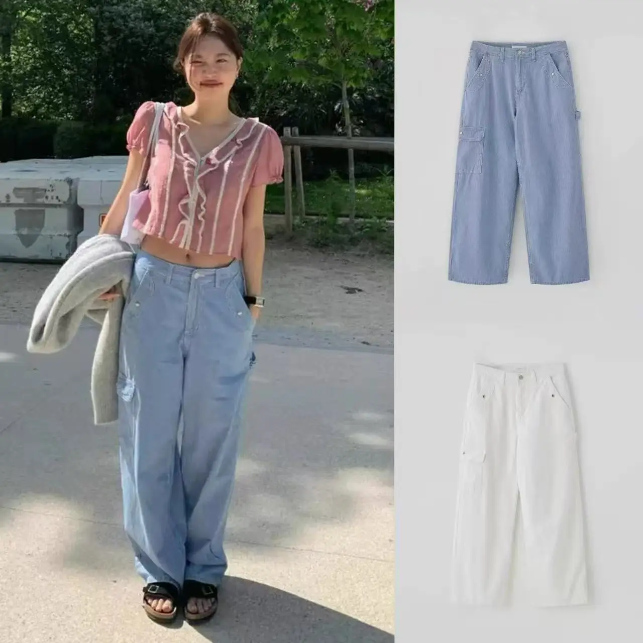 

Soft Comfortable Lightweight Washed out Slimming Vertical Stripes Workwear Style Casual Pants with Pockets High Waist Straigh...