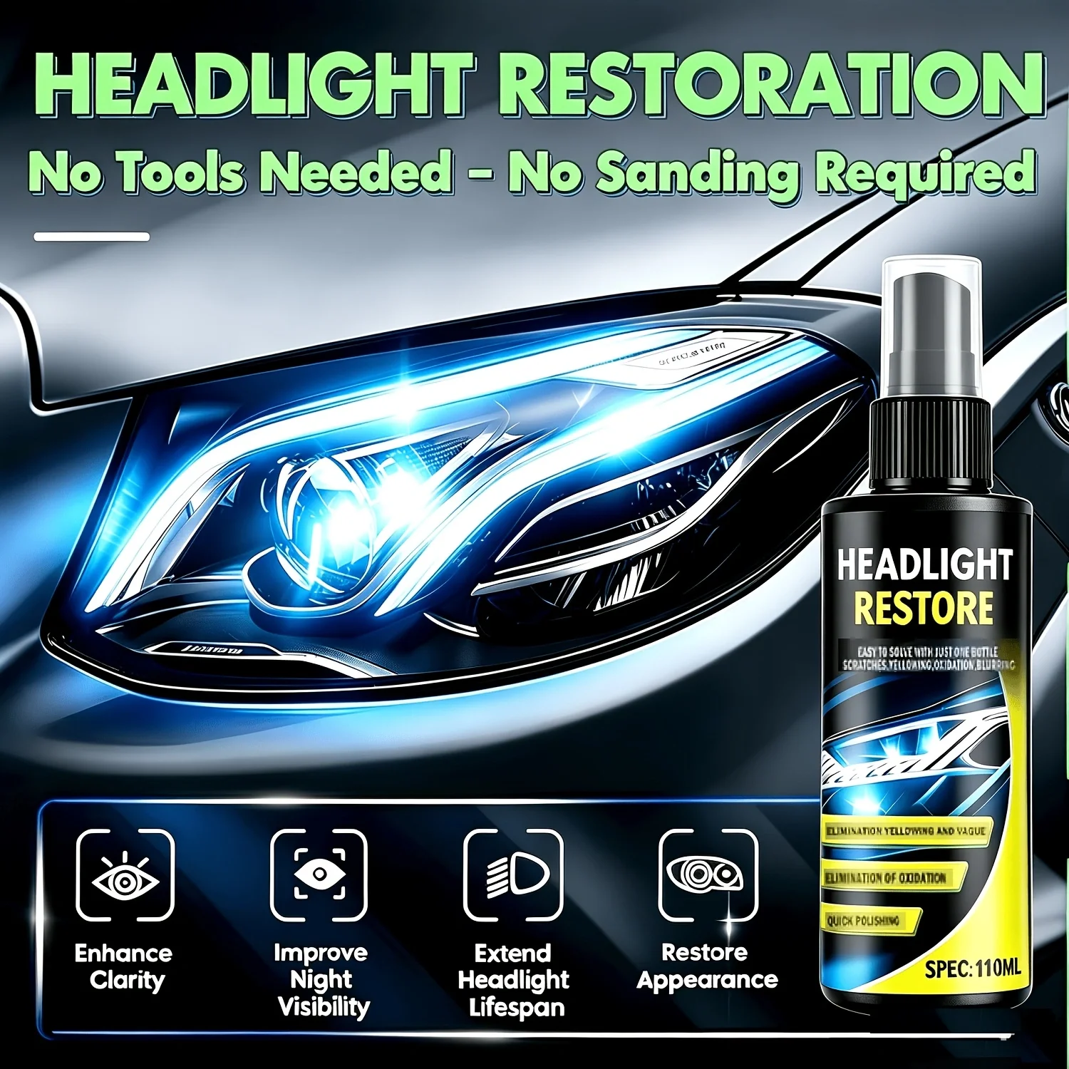 Car Headlight Restoration Polishing Kit, Headlight Cleaner Restorer for Yellow Oxidized Foggy Hazy Headlights, Remove Scratches Restore Clarity Headlamp Repair Tool Kit