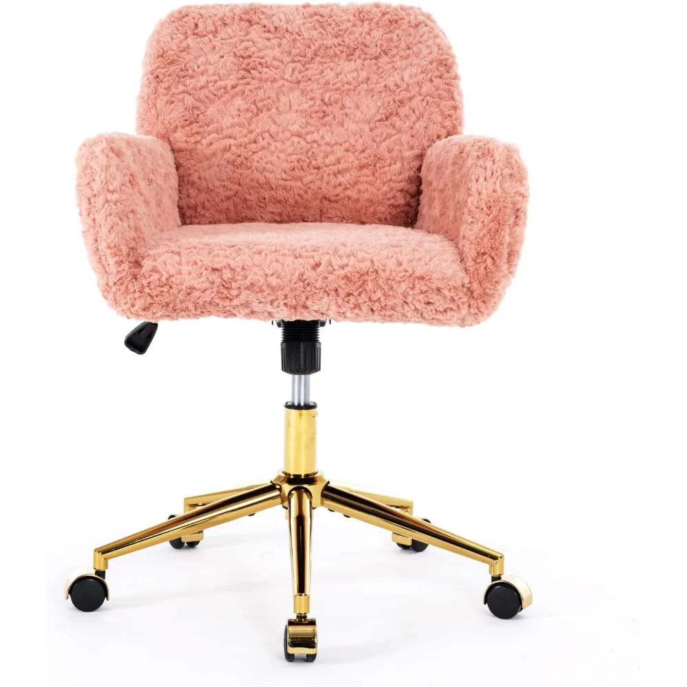 

Pink Desk Chair Faux Fur Vanity Chair, Comfortable Home Office Chair with Wheels for Women