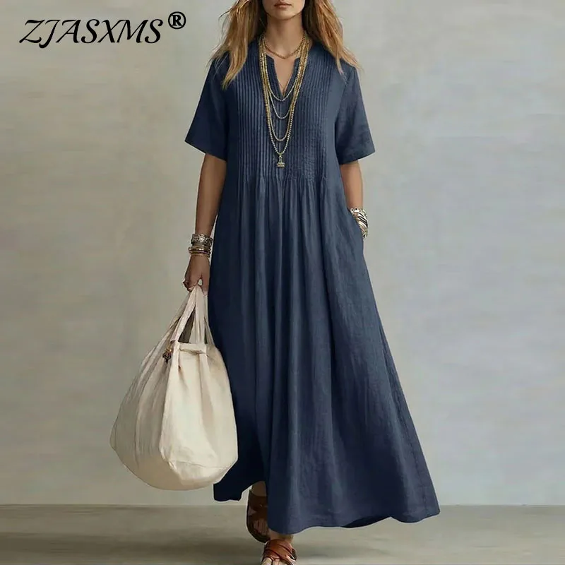 Retro Einfarbiges Baumwoll-Leinen Maxikleid Damen Frühling Sexy V-Ausschnitt Drapiertes Taschenkleid Sommer Kurzarm Hochgeschnittenes Partykleid