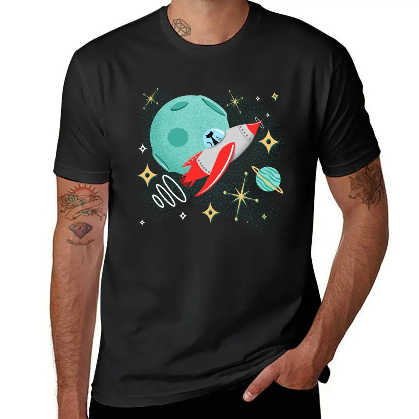 Atomic Rocket Cat Funny Mid-Century Modern Cat in Futuristic Spaceship T-Shirt tees blacks Men's clothing