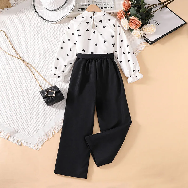 

Girls' Suit Medium and Large Spring New Valentine's Day Love Printing Long-sleeved Top Children's Two-piece Set