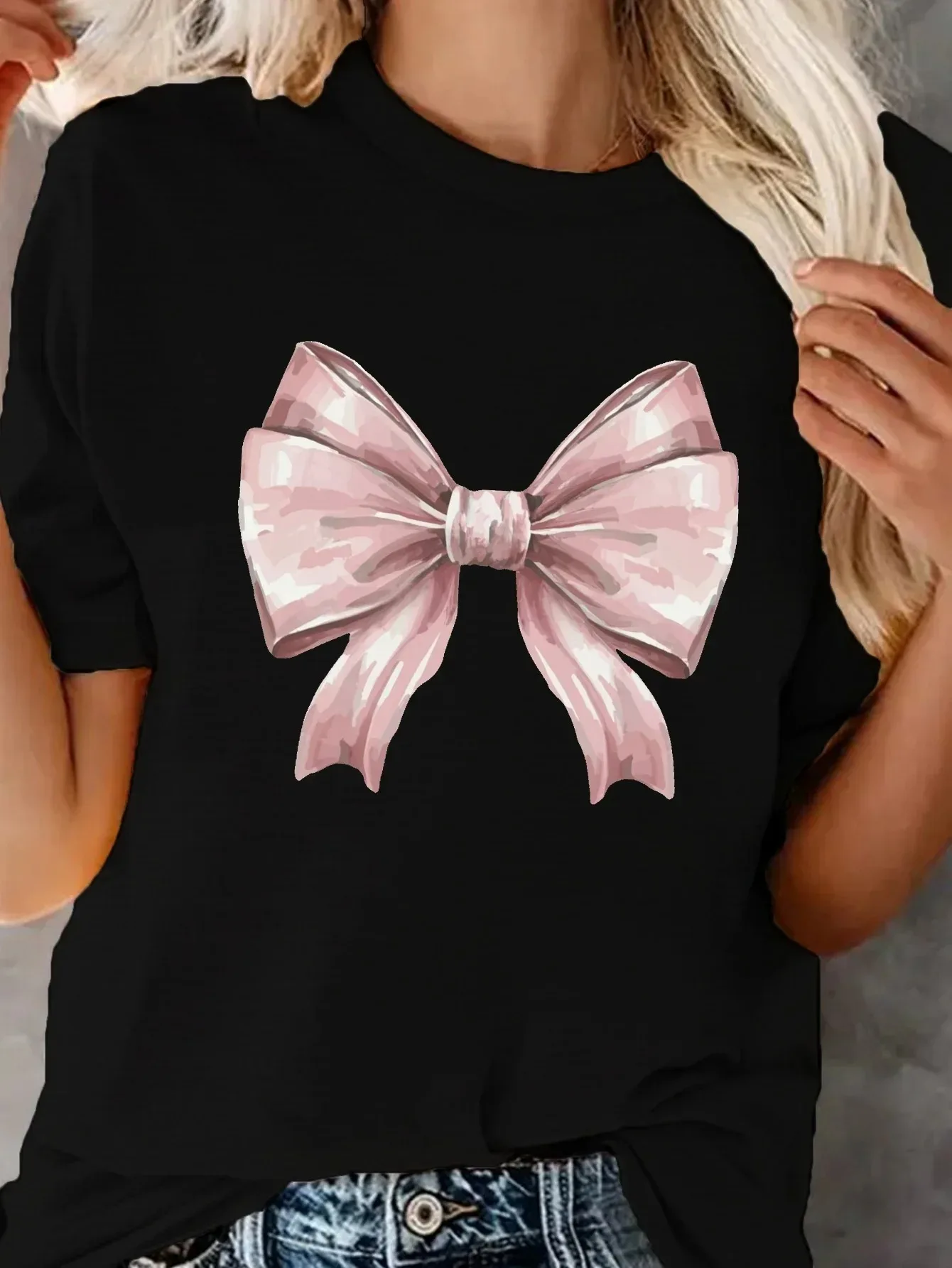 Nova camiseta feminina bonito arco impresso casual solto moda manga curta camiseta macio confortável e respirável esportes ao ar livre