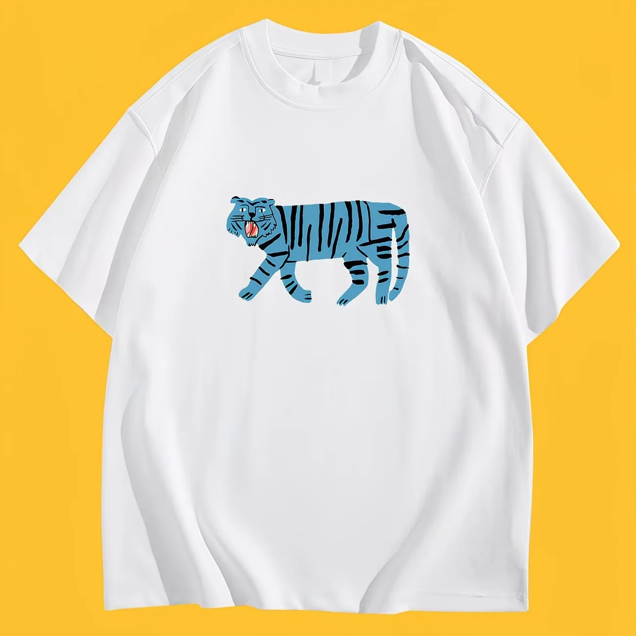 Vintage Blue Tiger Graphic T‑Shirt Abstract Cartoon Animal Print Unisex Short Sleeve Oversized Streetwear Casual Cotton Tops
