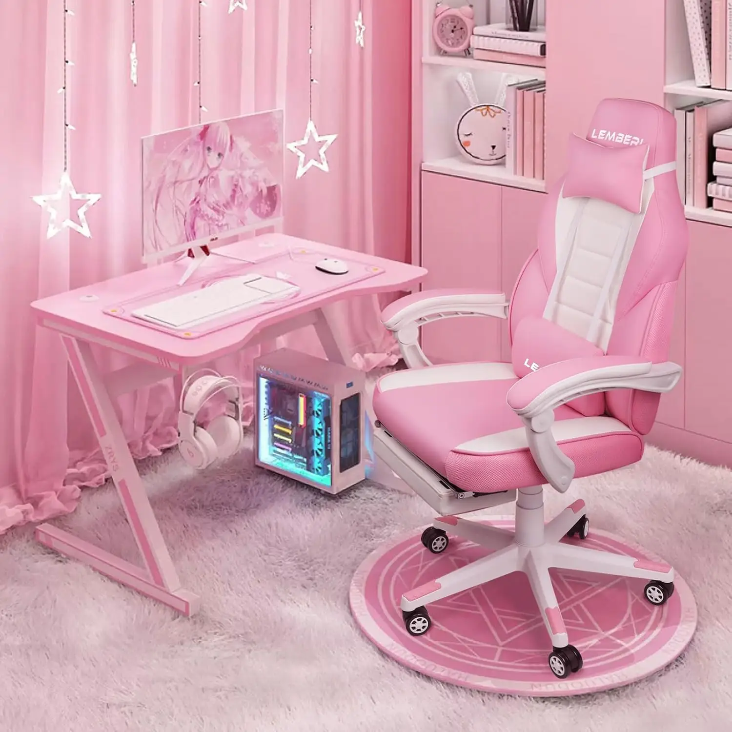 Pink Gaming Chair with footrest, Cute Pink Gamer Chair for Girl,Girls Video Game Chairs,Computer Gaming Chair with Headrest and