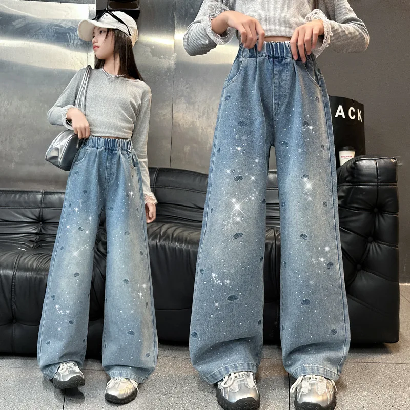 

Осенние детские прямые джинсы с цветочной вышивкой для девочек, модные весенне-осенние джинсовые брюки со стразами, детские брюки